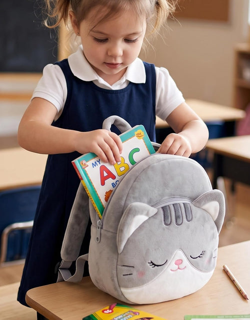 Load image into Gallery viewer, Cat Toddler Backpack Plush Backpack Toddler Girls Backpack Cat Animal Kids Backpacks for Girls Kitty Plush Backpack for Baby Girls Gray 11-Inch | Soft Plush Material, Lightweight Design, Dual-Zipper Storage, Adjustable Straps for Kindergarten, Preschool
