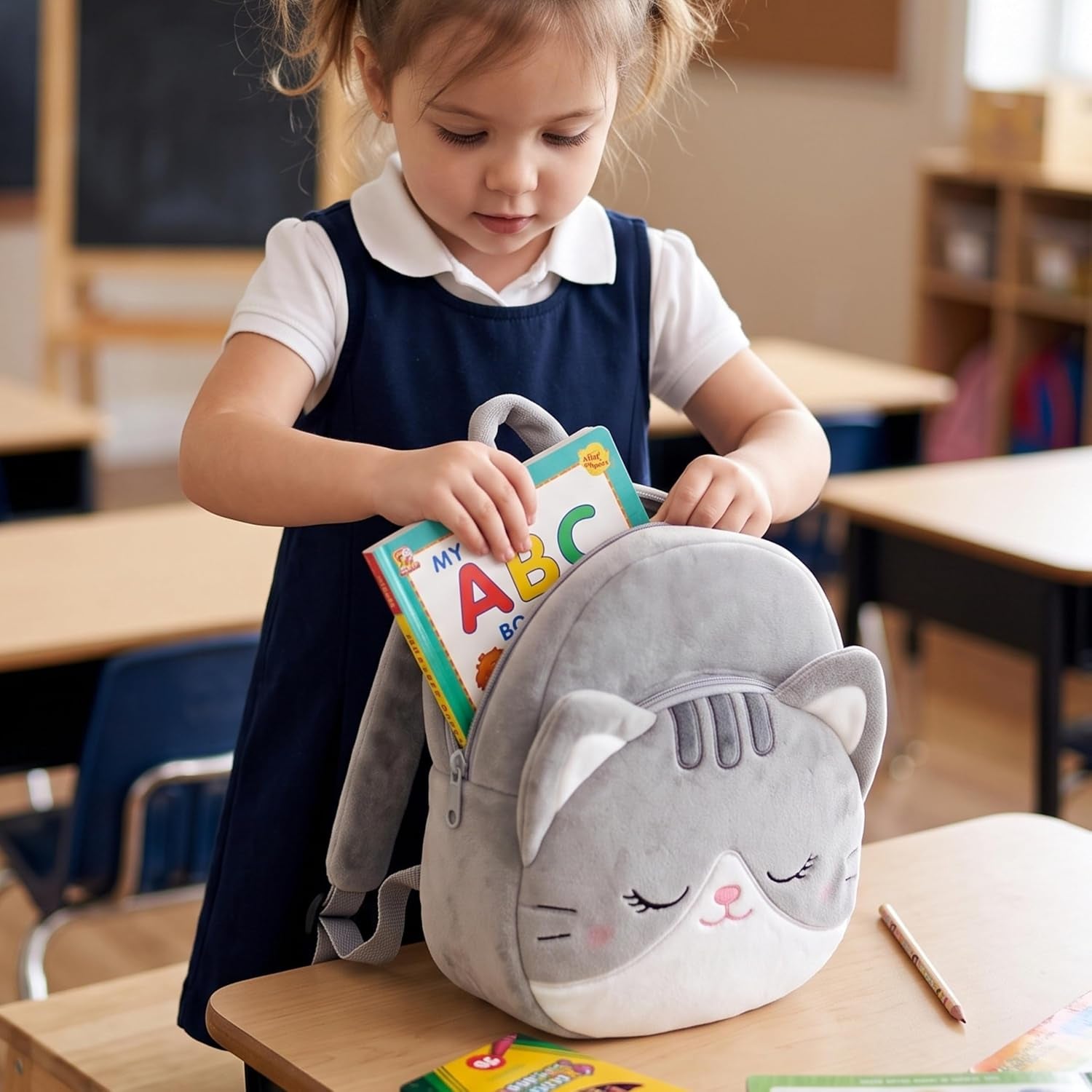 Cat Toddler Backpack Plush Backpack Toddler Girls Backpack Cat Animal Kids Backpacks for Girls Kitty Plush Backpack for Baby Girls Gray 11-Inch | Soft Plush Material, Lightweight Design, Dual-Zipper Storage, Adjustable Straps for Kindergarten, Preschool