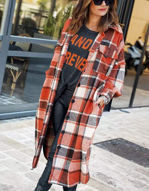 Load image into Gallery viewer, Women'S Lounge Lapel Button up Long Sleeve Plaid Long Shirt Jacket Shacket
