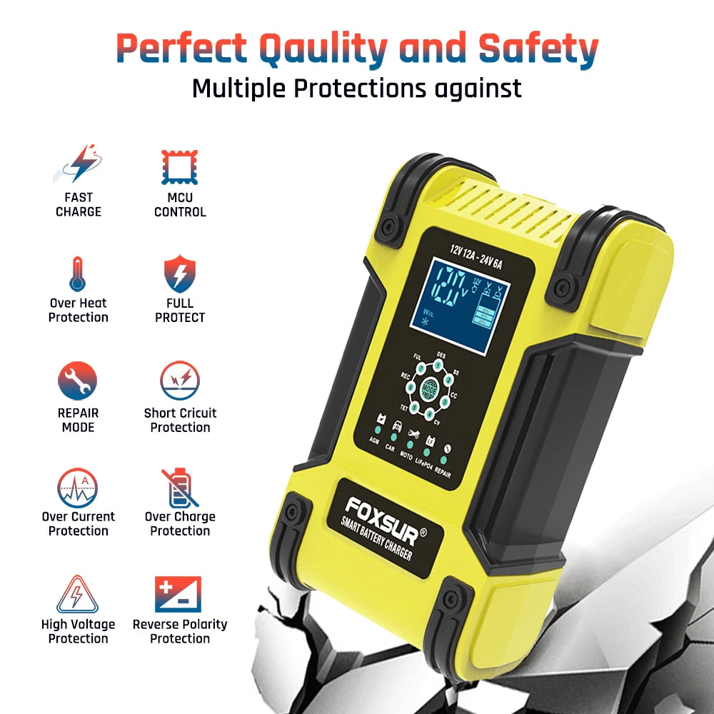 Smart Car Battery Charger 12Volt 12Amp or 24V 5A Motorcycle Truck Boat Lithium Lifepo4 AGM GEL WET Lead Acid Maintainer