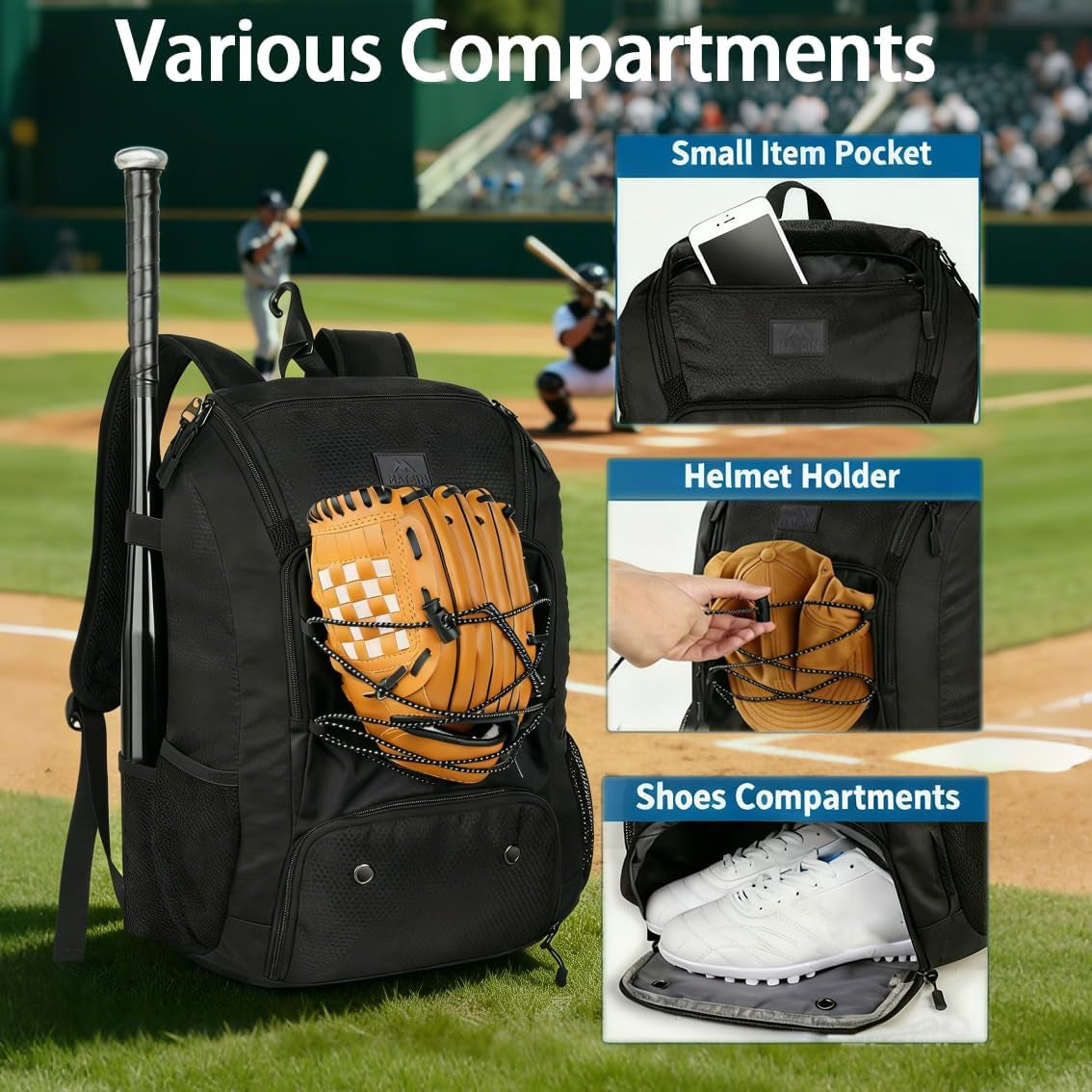Youth Baseball Backpack, Softball Bat Bag with Shoes Compartment | Lightweight Baseball Bag for Boys and Adult, Fence Hook Hold Tball Bat, Batting Mitten, Helmet, Caps, Teeball Gear Equipment