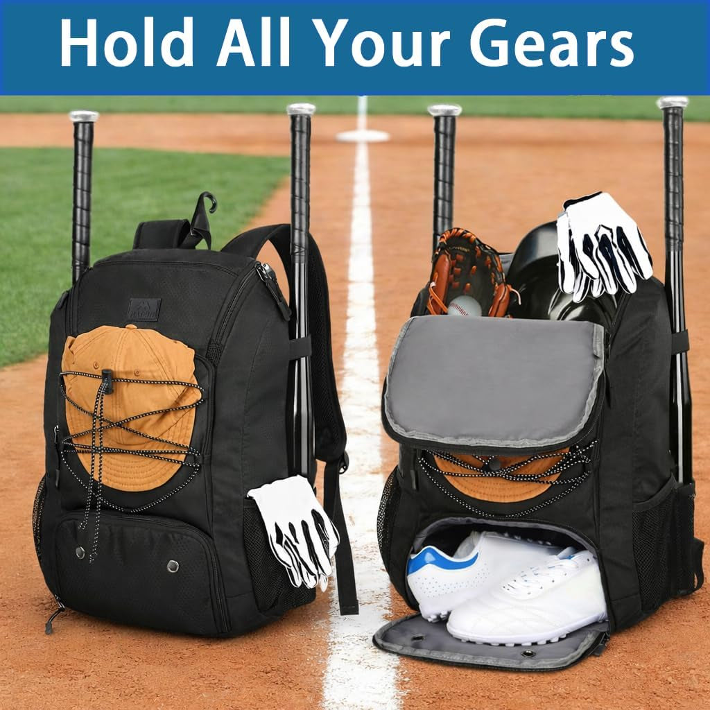 Youth Baseball Backpack, Softball Bat Bag with Shoes Compartment | Lightweight Baseball Bag for Boys and Adult, Fence Hook Hold Tball Bat, Batting Mitten, Helmet, Caps, Teeball Gear Equipment