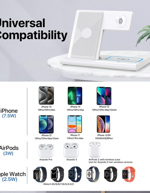 Load image into Gallery viewer, 3 in 1 Fast Charging Station, Folding Travel Wireless Charger Stand for Iphone 15,14,13,12,11/Pro/Max/Plus,X,Xr,Xs/Max,Se,8/Plus,Apple Watch 1-8,Airpods 3/2/Pro(No Adaptor，White)
