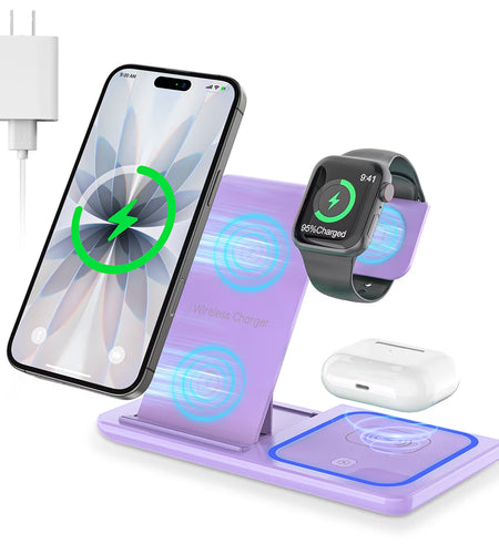 Wireless Charging Station, 3 in 1 Wireless Charger for Iphone 17/16/15/14/13/12/11/Pro/Pro Max/Xs, 18W Charging Dock for Iwatch Series 11 10 9 8 7 6 5 4 3 2, Airpods 4/3/2/Pro(Purple)