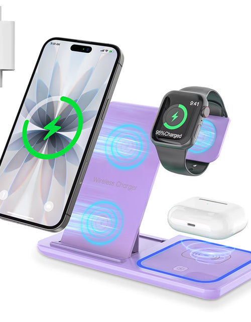 Load image into Gallery viewer, Wireless Charging Station, 3 in 1 Wireless Charger for Iphone 17/16/15/14/13/12/11/Pro/Pro Max/Xs, 18W Charging Dock for Iwatch Series 11 10 9 8 7 6 5 4 3 2, Airpods 4/3/2/Pro(Purple)
