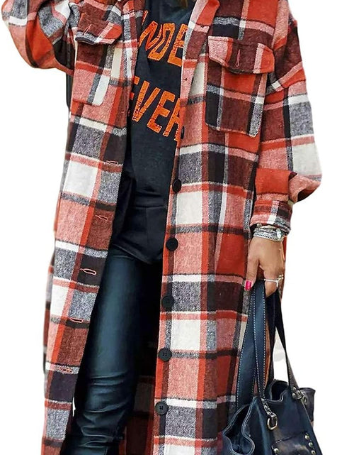 Load image into Gallery viewer, Women'S Lounge Lapel Button up Long Sleeve Plaid Long Shirt Jacket Shacket
