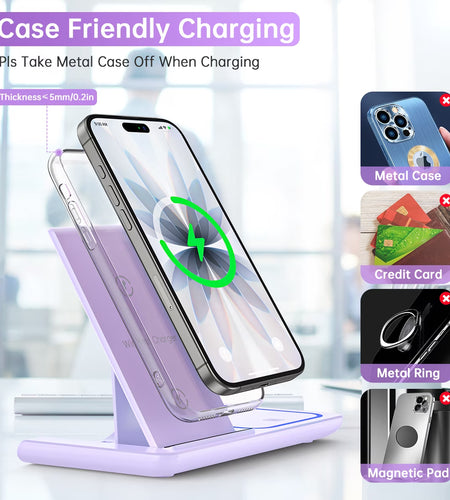 Wireless Charging Station, 3 in 1 Wireless Charger for Iphone 17/16/15/14/13/12/11/Pro/Pro Max/Xs, 18W Charging Dock for Iwatch Series 11 10 9 8 7 6 5 4 3 2, Airpods 4/3/2/Pro(Purple)