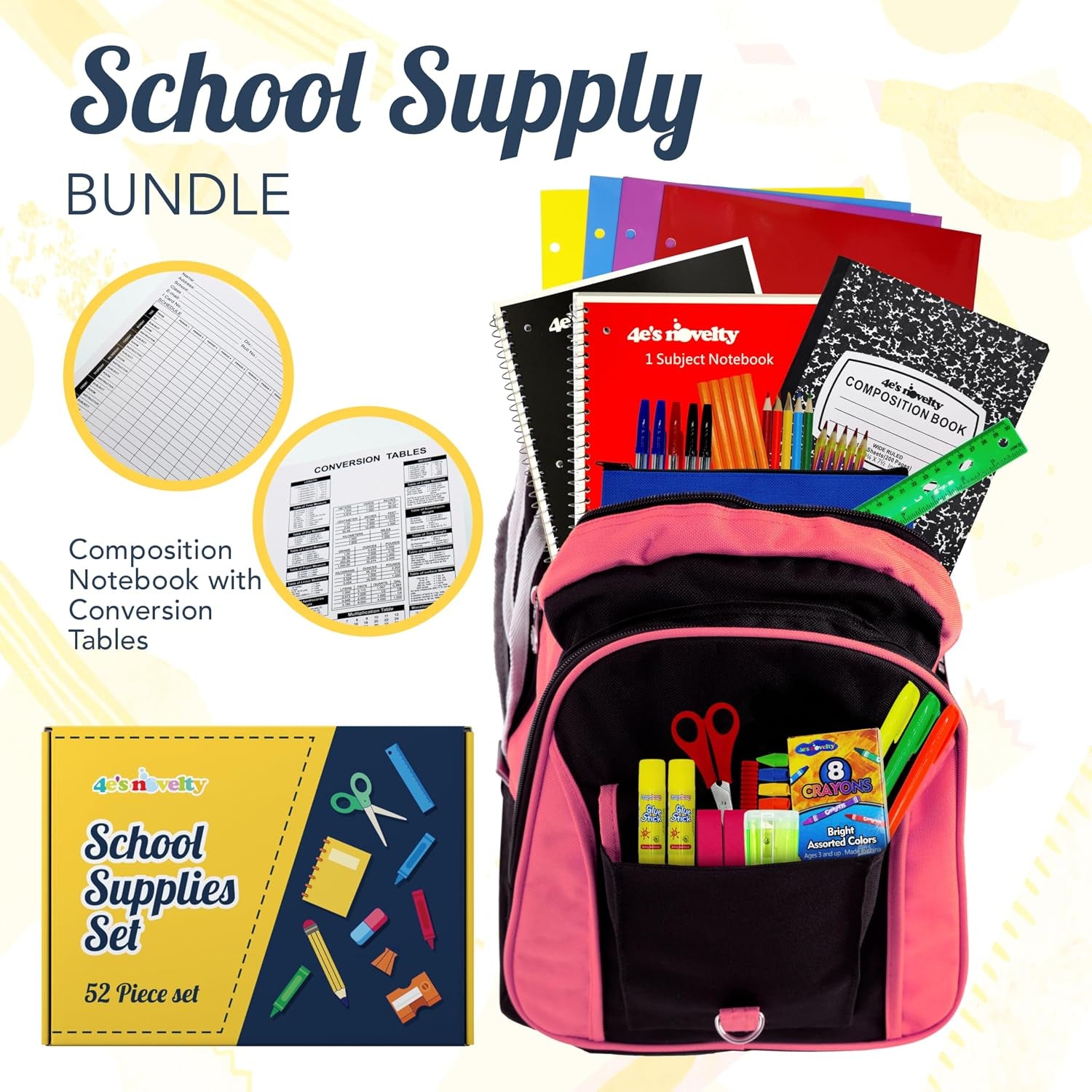 52 Pieces Schools Supplies Kit for K1-8 Back to School Supply Box with Essential Student Kits, School Supply Bundle Middle Elementary Schools Supplies Kit Grades 1 2 3 4 5 6 7 8