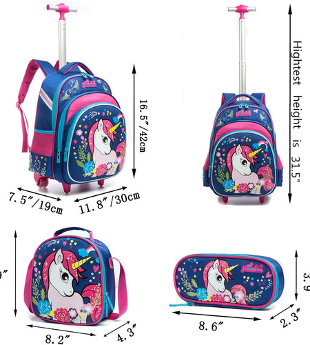 Girls Unicorn Rolling Backpacks Kids Backpack with Wheels for Girls School Bags with Lunch Box