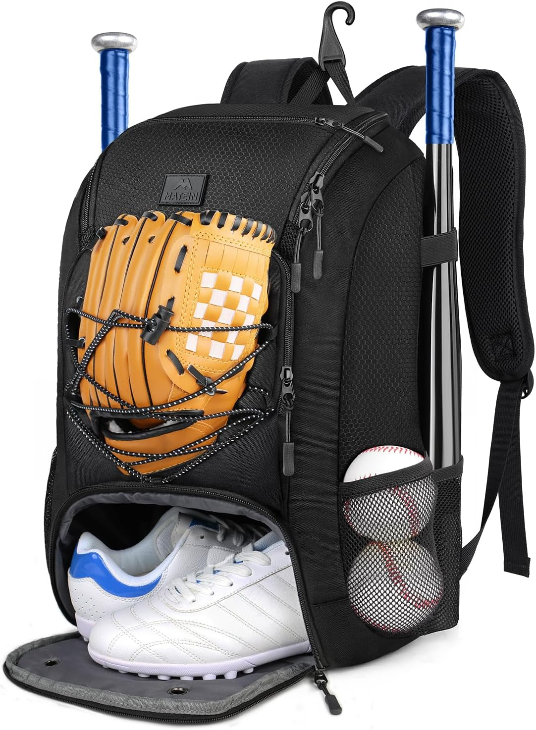 Youth Baseball Backpack, Softball Bat Bag with Shoes Compartment | Lightweight Baseball Bag for Boys and Adult, Fence Hook Hold Tball Bat, Batting Mitten, Helmet, Caps, Teeball Gear Equipment