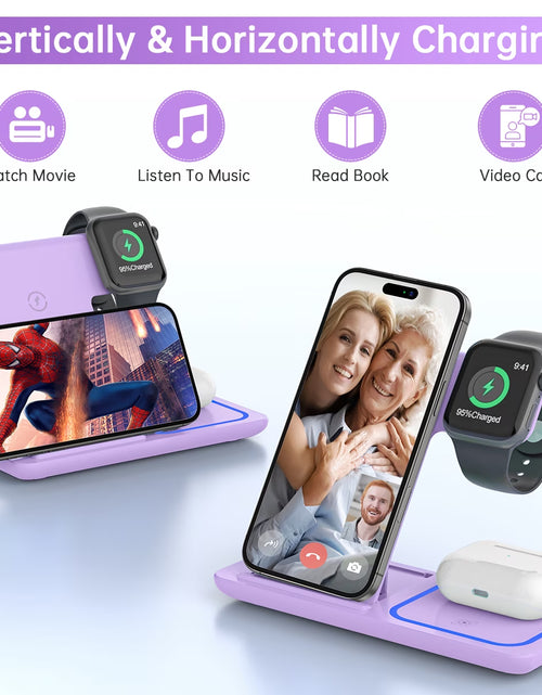 Load image into Gallery viewer, Wireless Charging Station, 3 in 1 Wireless Charger for Iphone 17/16/15/14/13/12/11/Pro/Pro Max/Xs, 18W Charging Dock for Iwatch Series 11 10 9 8 7 6 5 4 3 2, Airpods 4/3/2/Pro(Purple)
