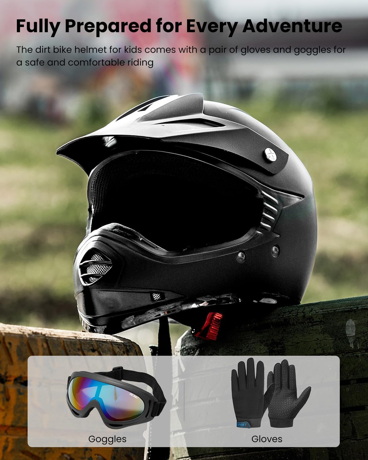 Youth Kids ATV Motocross Helmet Goggles Sports Gloves Dirt Bike Motorcycle off Road DOT Approved B07 (Youth-L, Matte Black)
