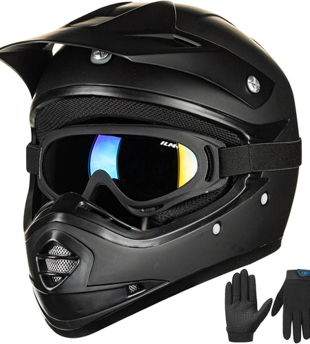 Youth Kids ATV Motocross Helmet Goggles Sports Gloves Dirt Bike Motorcycle off Road DOT Approved B07 (Youth-L, Matte Black)