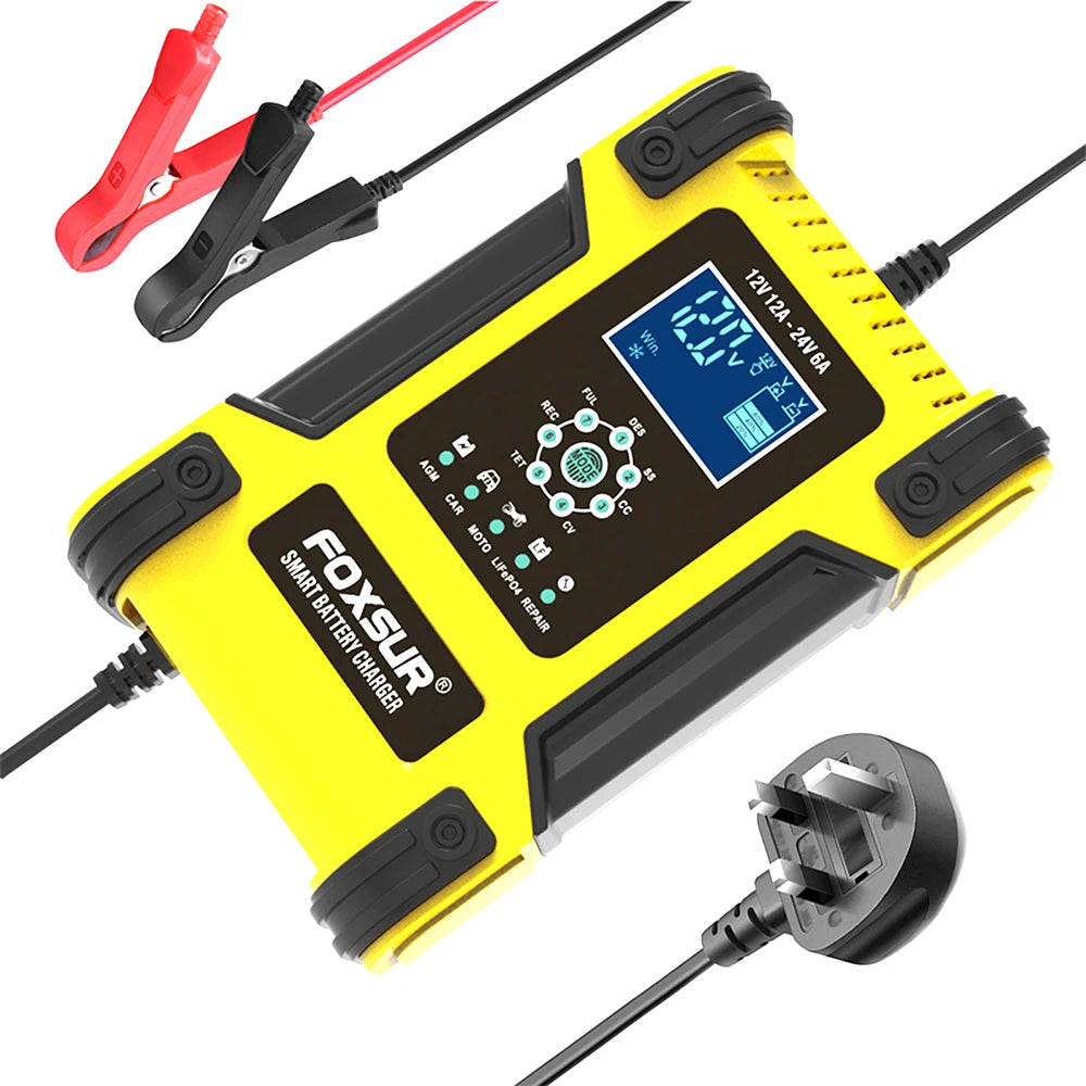 Smart Car Battery Charger 12Volt 12Amp or 24V 5A Motorcycle Truck Boat Lithium Lifepo4 AGM GEL WET Lead Acid Maintainer