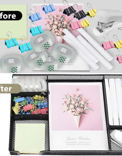 Load image into Gallery viewer, Black Desk Organizer Set, Office Supplies with Stapler and Tape Dispenser | Includes Desk Drawer Organizer,Tape, Staples, Staple Remover, Paper Clips, Scissors and Sticky Notes for a Neat Workspace
