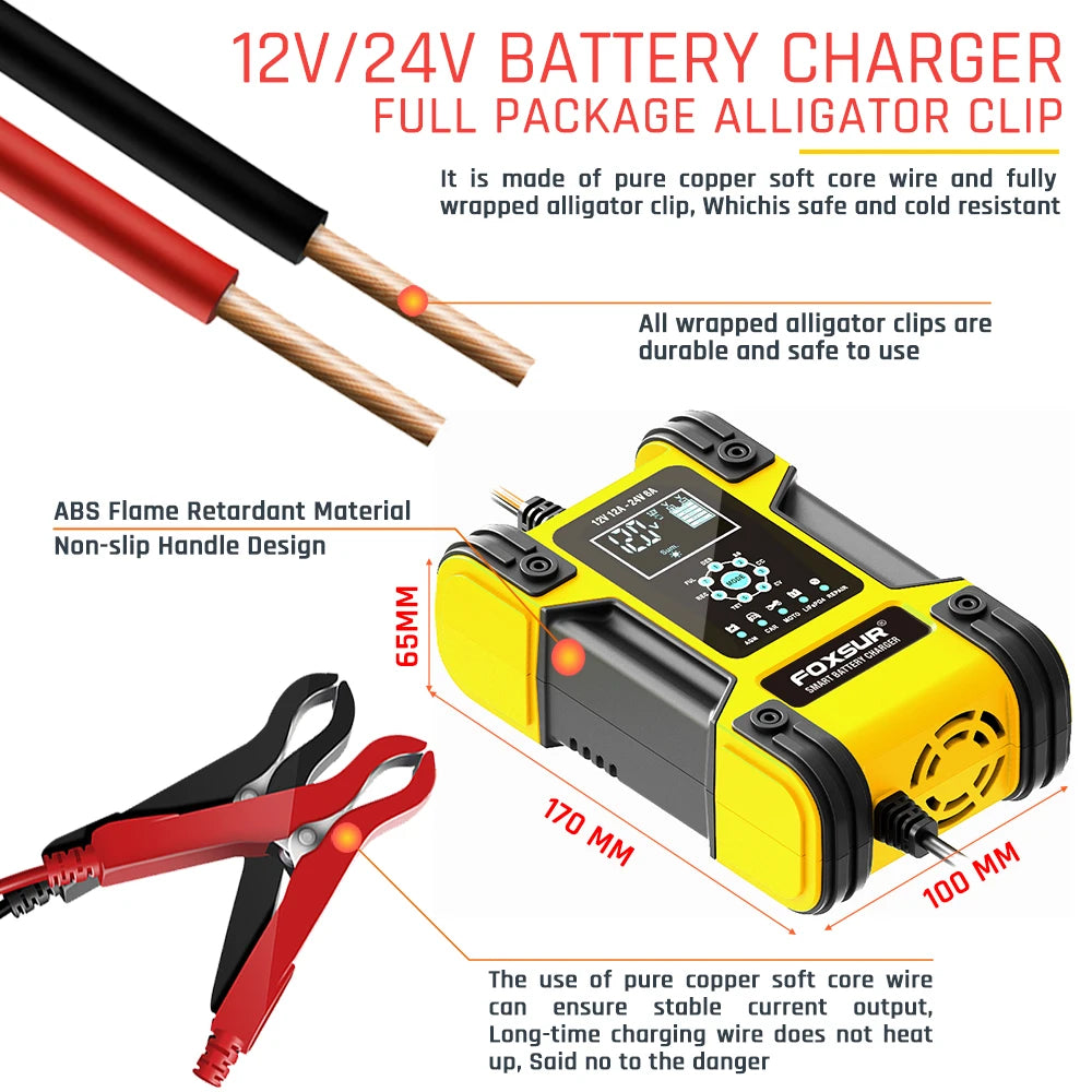 Smart Car Battery Charger 12Volt 12Amp or 24V 5A Motorcycle Truck Boat Lithium Lifepo4 AGM GEL WET Lead Acid Maintainer