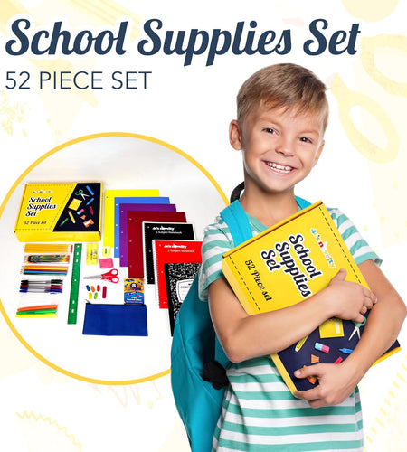 52 Pieces Schools Supplies Kit for K1-8 Back to School Supply Box with Essential Student Kits, School Supply Bundle Middle Elementary Schools Supplies Kit Grades 1 2 3 4 5 6 7 8