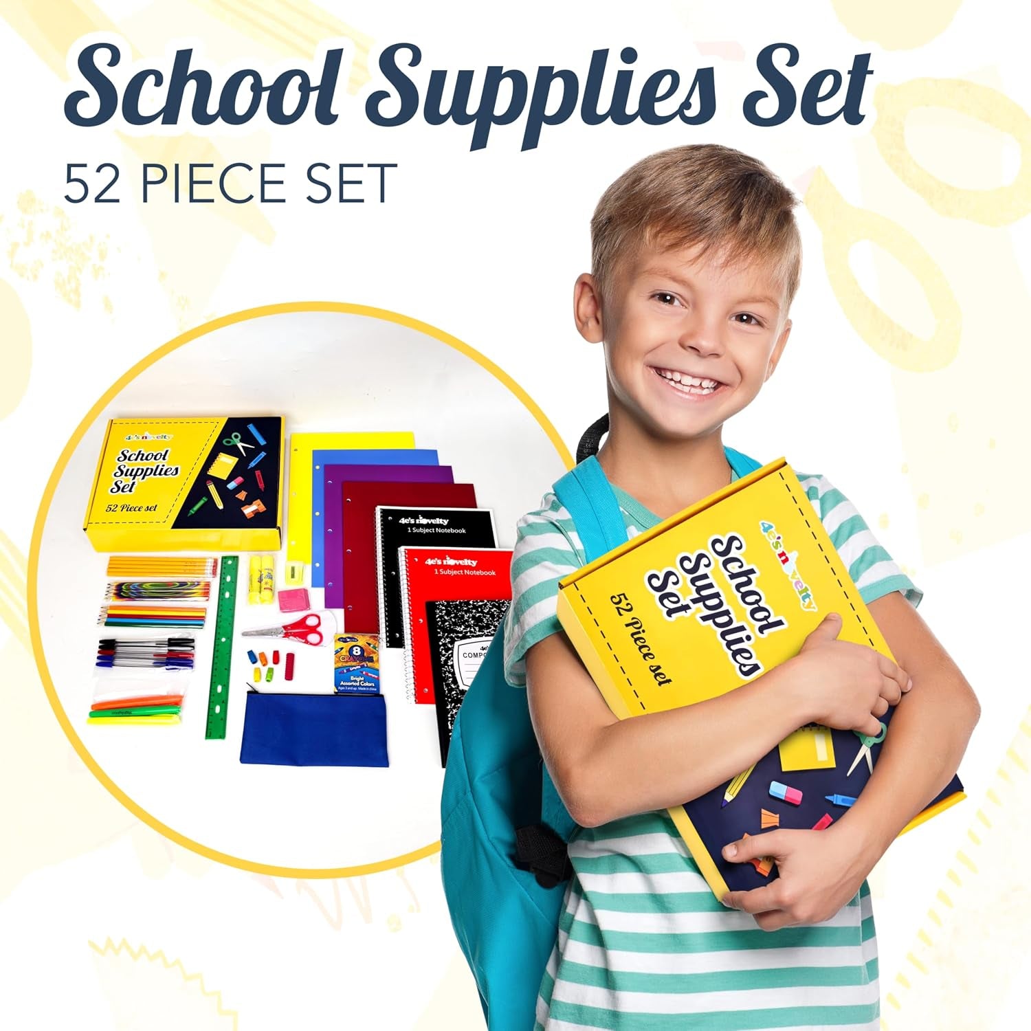 52 Pieces Schools Supplies Kit for K1-8 Back to School Supply Box with Essential Student Kits, School Supply Bundle Middle Elementary Schools Supplies Kit Grades 1 2 3 4 5 6 7 8