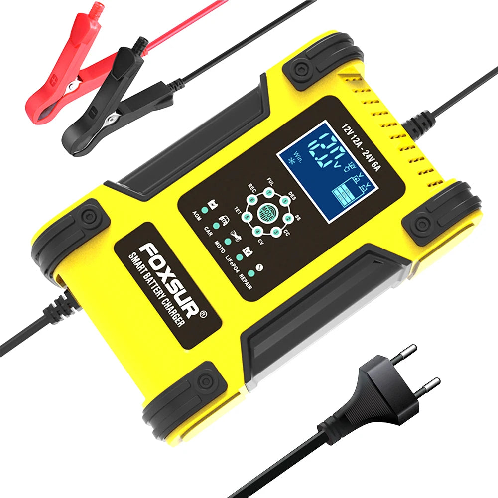 Smart Car Battery Charger 12Volt 12Amp or 24V 5A Motorcycle Truck Boat Lithium Lifepo4 AGM GEL WET Lead Acid Maintainer